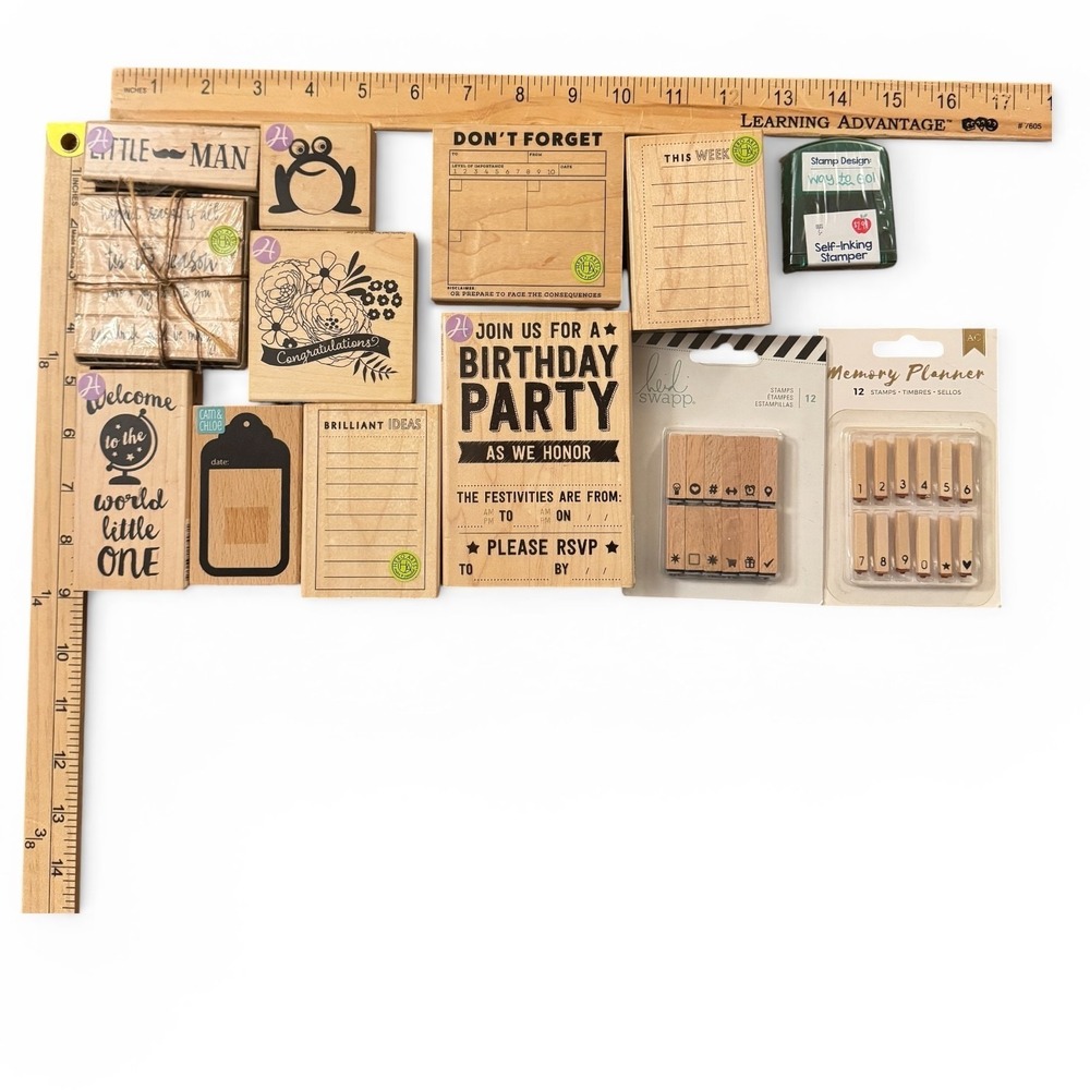 Wood Mounted Rubber Stamp Lot 15pc Scrapbook Planner Card Making Heidi Swapp